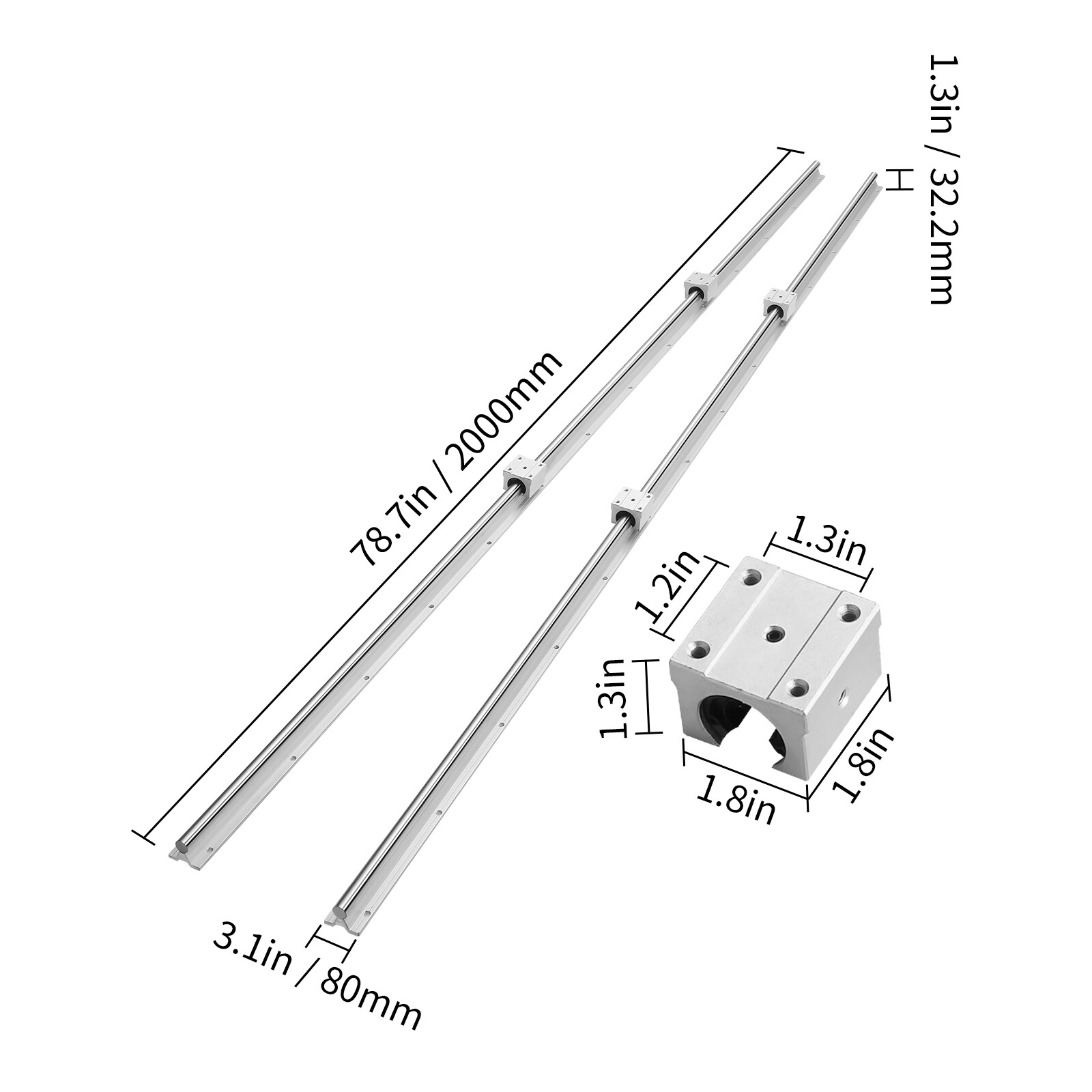 VEVOR 2PCS SBR16 2000mm Linear Guide Rail Slide Rail 4 PCS SBR16UU Bearing Block