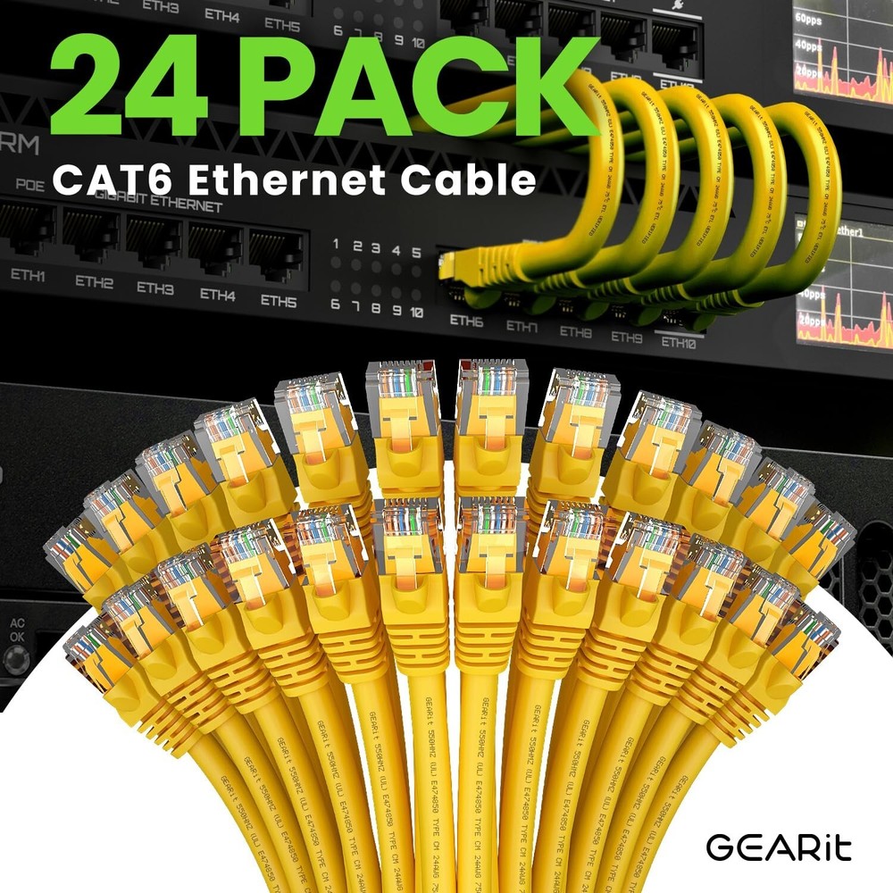 GearIT Cat 6 Ethernet Cable .5 ft  6"  Yellow (24 Pack) Cat6 Patch Cable Cat 6