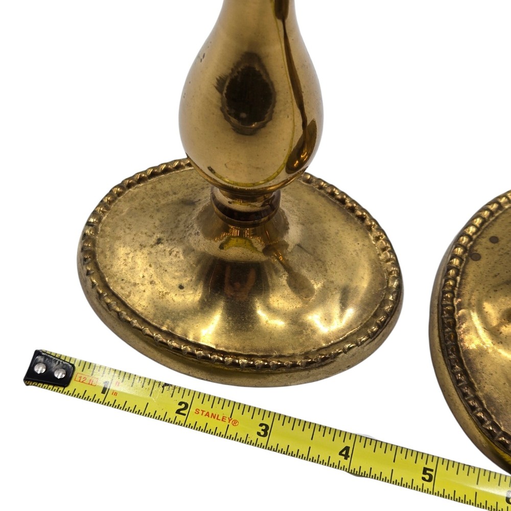 Brass Candlestick Set Oval MCM Traditional Goldtone Lacquered Holder Pair