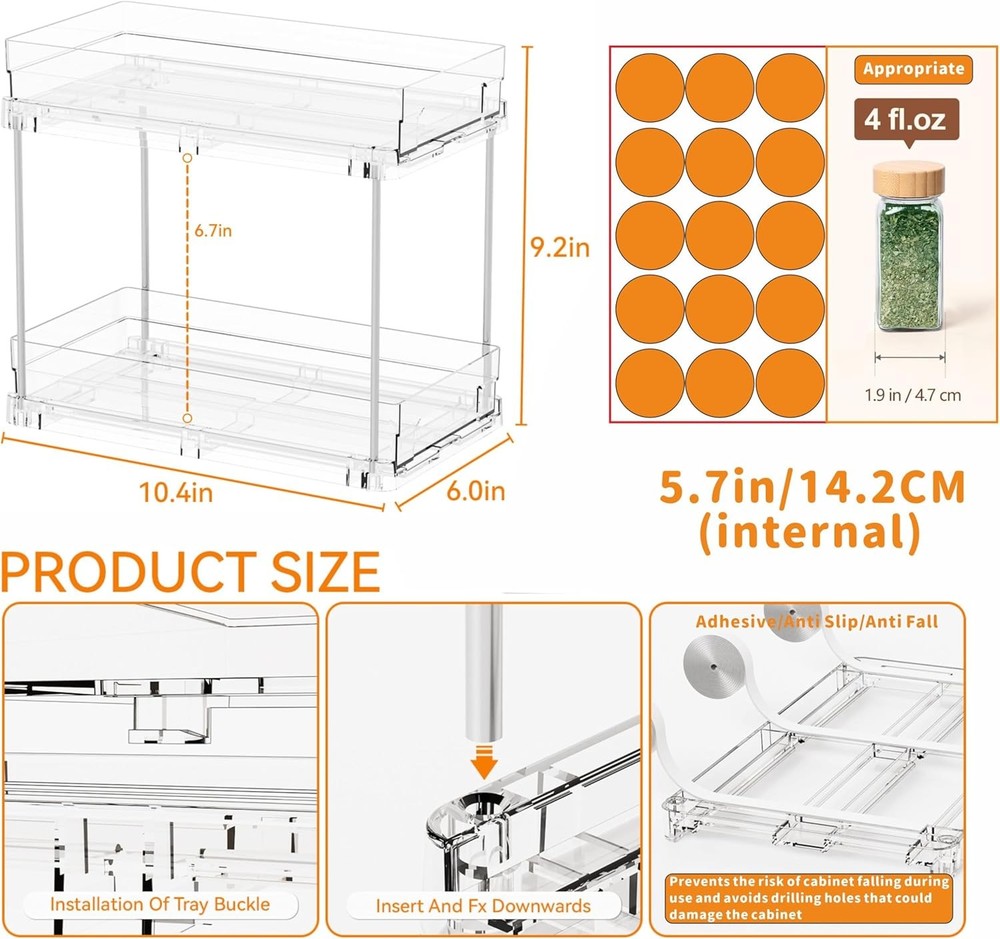 2 Pack 2 Tier Vertical Spice Rack Pull Out,10.4'' Deep Narrow Slide Out Spice