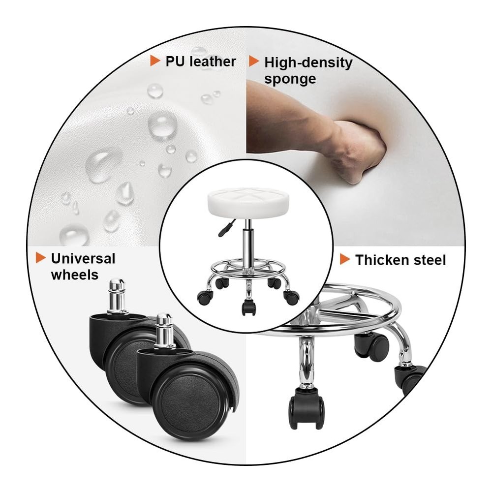 Round Rolling Stool Chair PU Leather Height Adjustable Swivel Drafting Work S...