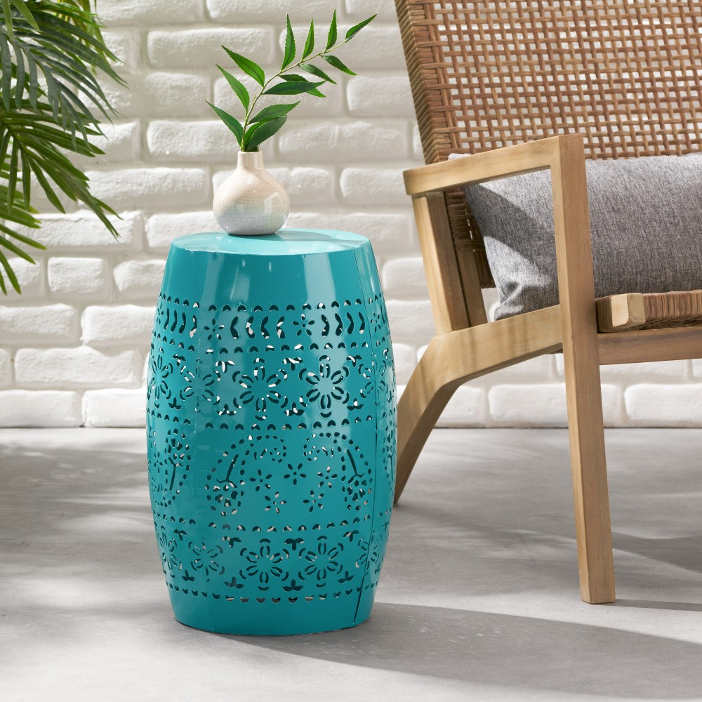 Home Ruby Outdoor 12" Iron Side Table, Teal