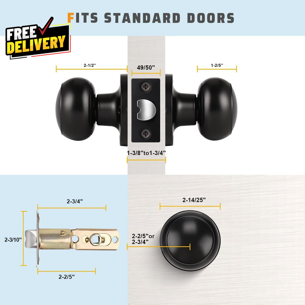 6 Pack Matte Black Door Knobs Round Interior Passage Handles for Hall and Closet