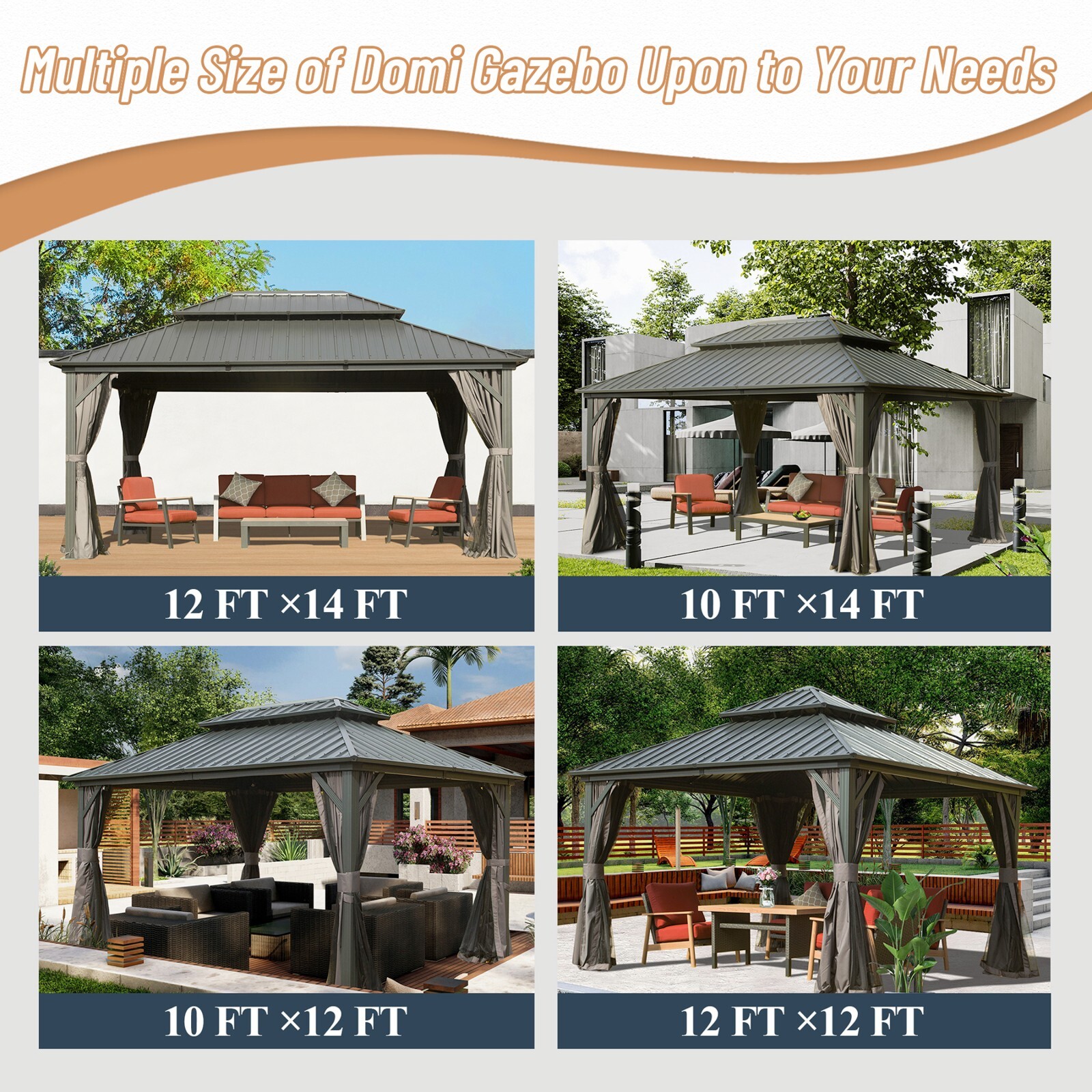 Domi 10’ x 12’ Hardtop Gazebo Outdoor Aluminum Gazebo w/Curtains and Net, Gray