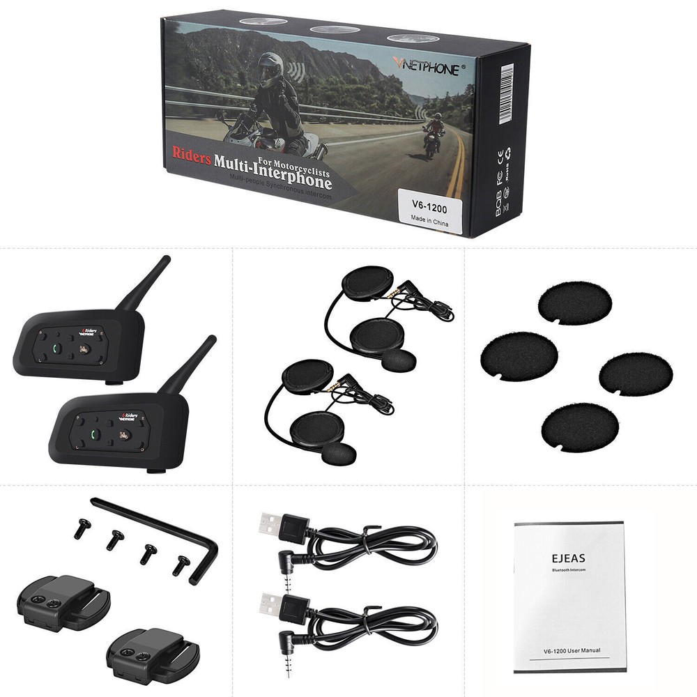 2pcs V6 Bluetooth Motorcycle Helmet Intercom Interphone Headset Intercomunicador