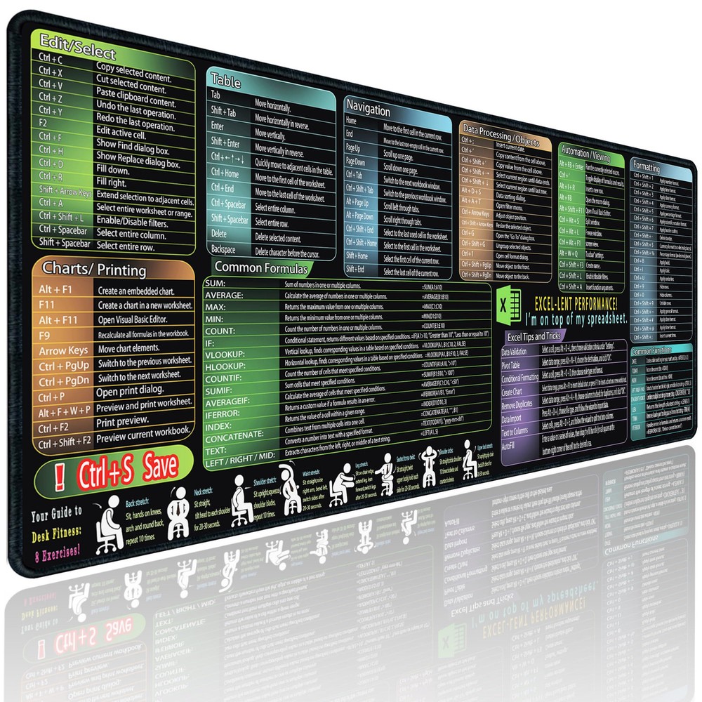 excel Cheat Sheet Mouse pad,Extra Large Office Keyboard Shortcuts Mousepad,Of...
