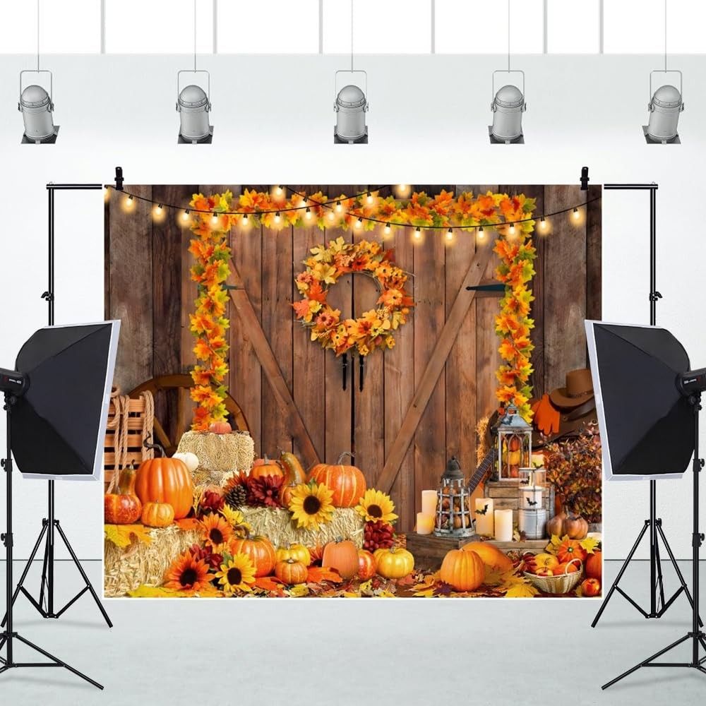 Fall Thanksgiving Backdrop 10x8ft Rustic Barn Autumn Pumpkin Haystack Friends...