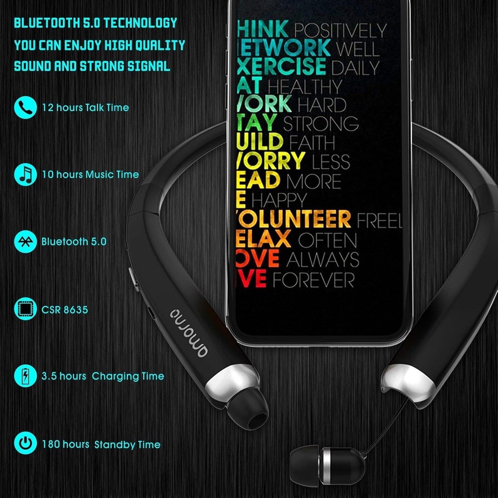 Wireless Foldable Bluetooth Neckband Headphones - Sweatproof, Noise Cancelling