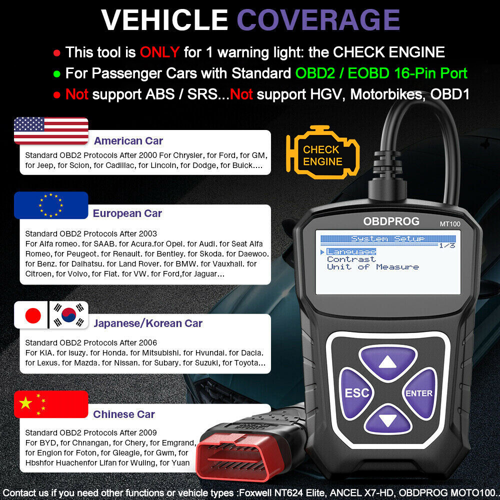 ANCEL MT100 OBD2 Scanner Code Reader Car Diagnostic Scan Tool Check Engine Fault