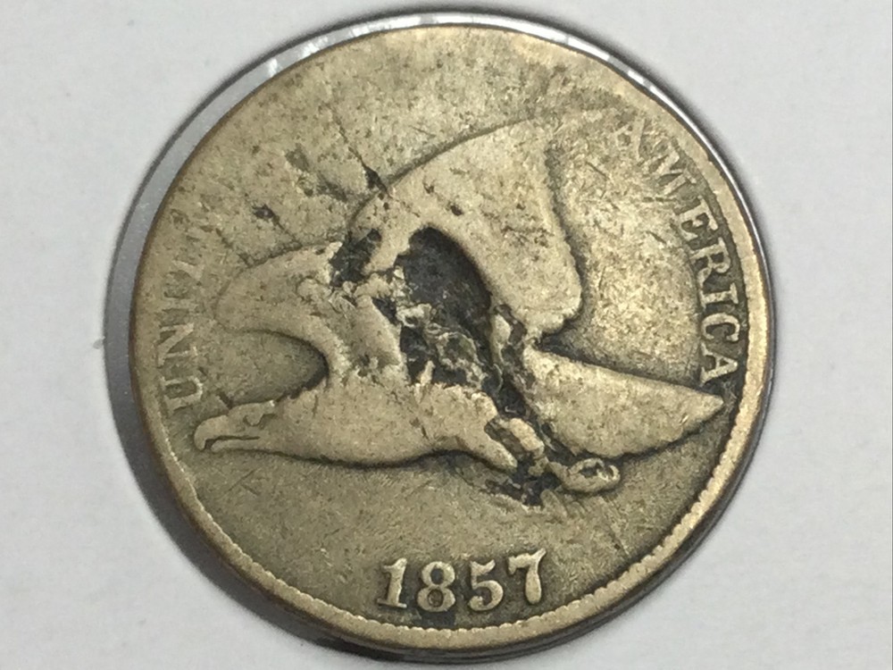 1857 Flying Eagle Cent struck through error
