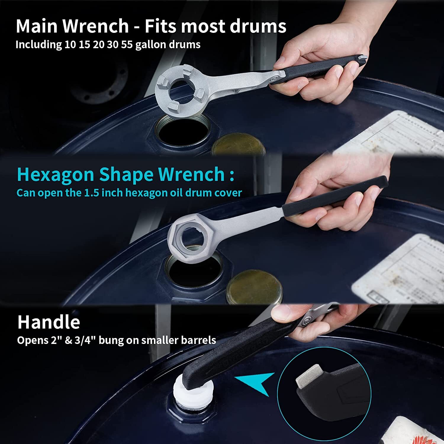 DURATECH Drum Wrench 3-in-1 Bung Wrench Barrel Opener Tool Fits 3/4" 2" Bung Cap