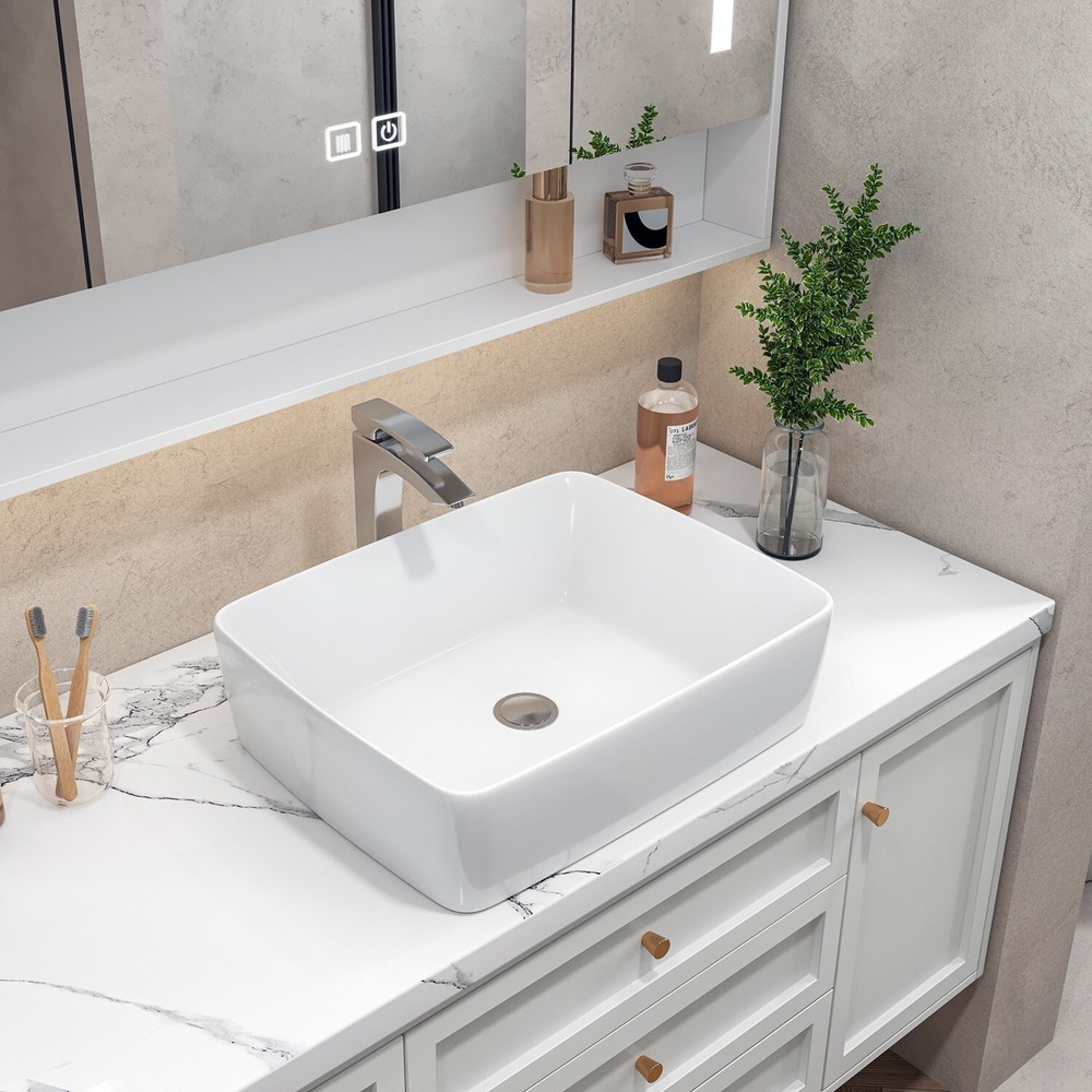 Sinber 19"x15" White Rectangular Ceramic Countertop Bathroom Vanity Vessel Sink