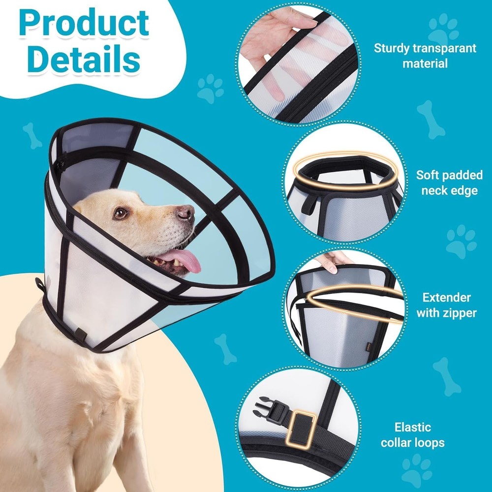 Dog Cone, Transparent Recovery Collar for Large Medium Small Pets, Adjustable...