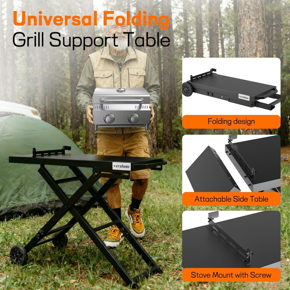Folding Grill Table, Outdoor Prep Table with 2 Wheels, Adjustable Height Port...