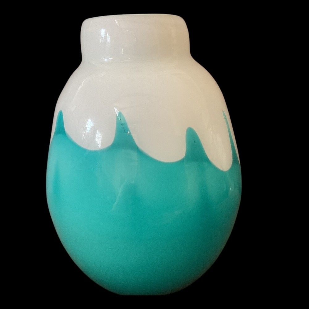 Stunning Turquoise Reverse Drip 8" Art Glass Vase