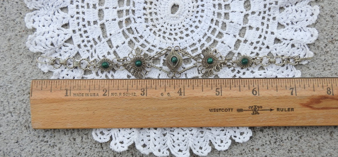 Vintage Malachite Silver Wire Ornate Filigree Silver Plate Bracelet 7 1/2"