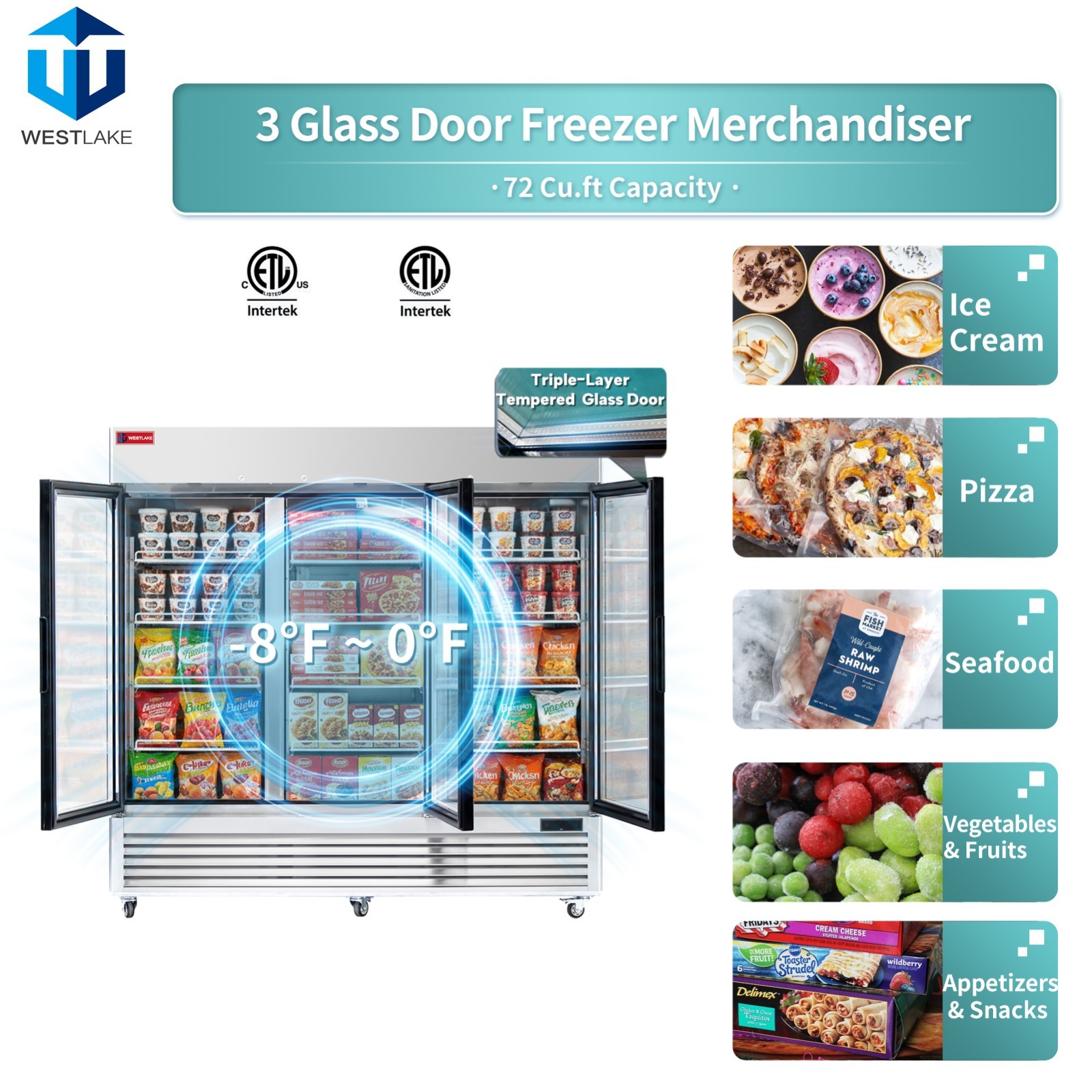 82" Commercial Display Freezer 3 Glass Door Merchandiser Reach-in 72 Cu.ft