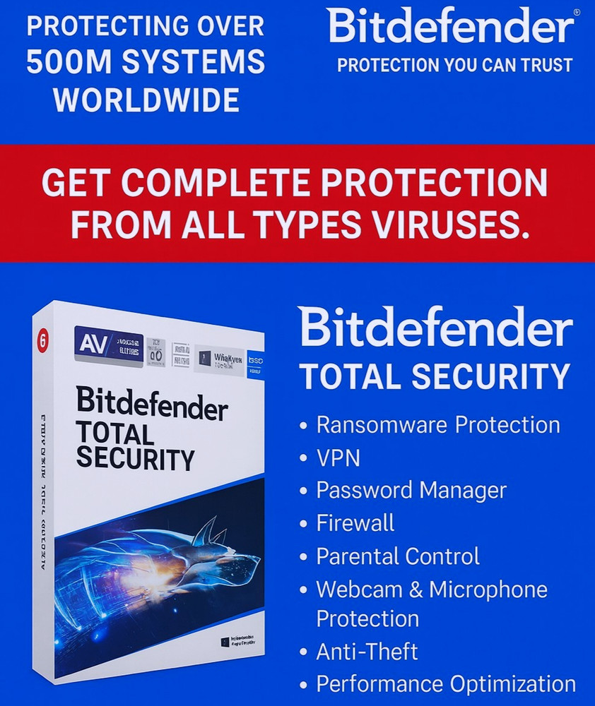 Bitdefender Total Security 1 Year | 1-10 Devices | Windows | Mac | Android