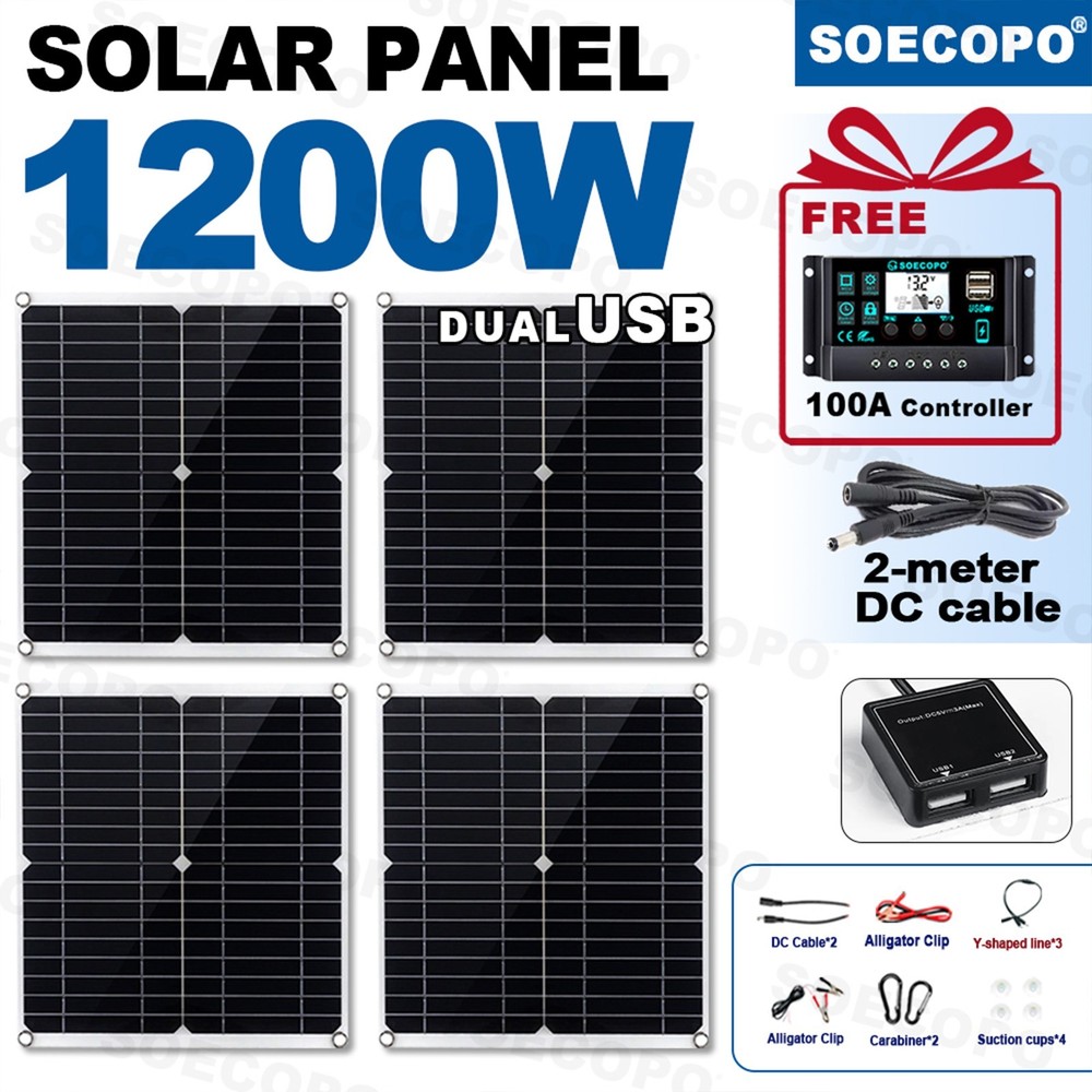 1200W Solar Panel Combo - 4 x 300W + 100A Controller + Y-Cable + Suction Cupsl