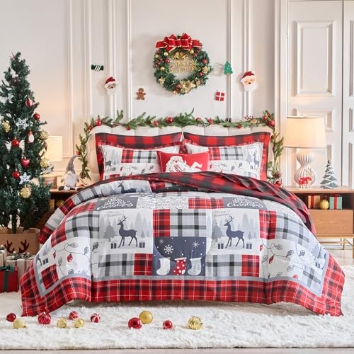 Christmas 7 Pieces Queen Comforter Sheet Set Patchwork Queen-7pieces Gray-red