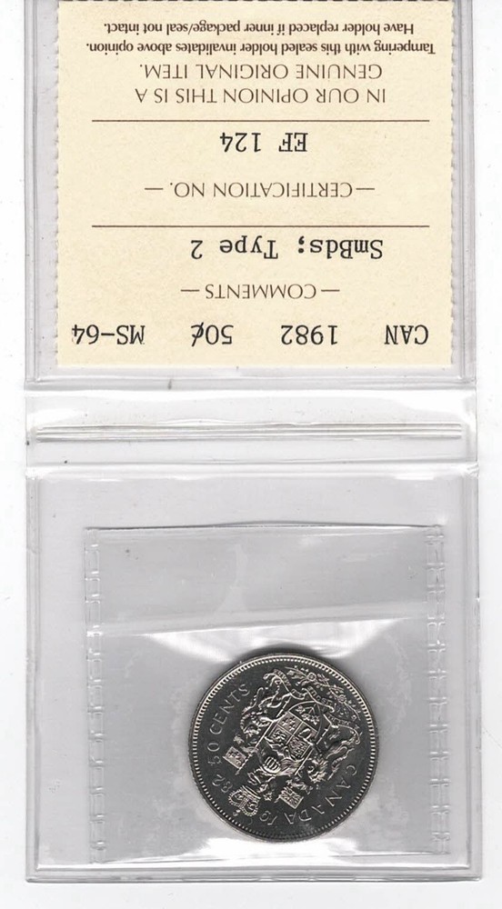 1982 Canada 50 Cents Small Beads Type 2 - ICCS MS64 - EF 124