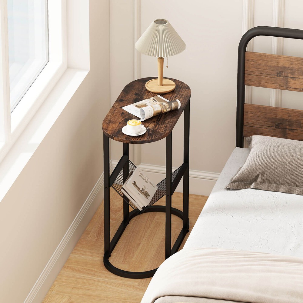2 PCS Industrial Side Table End Coffee Table Compact Nightstand with Mesh Shelf
