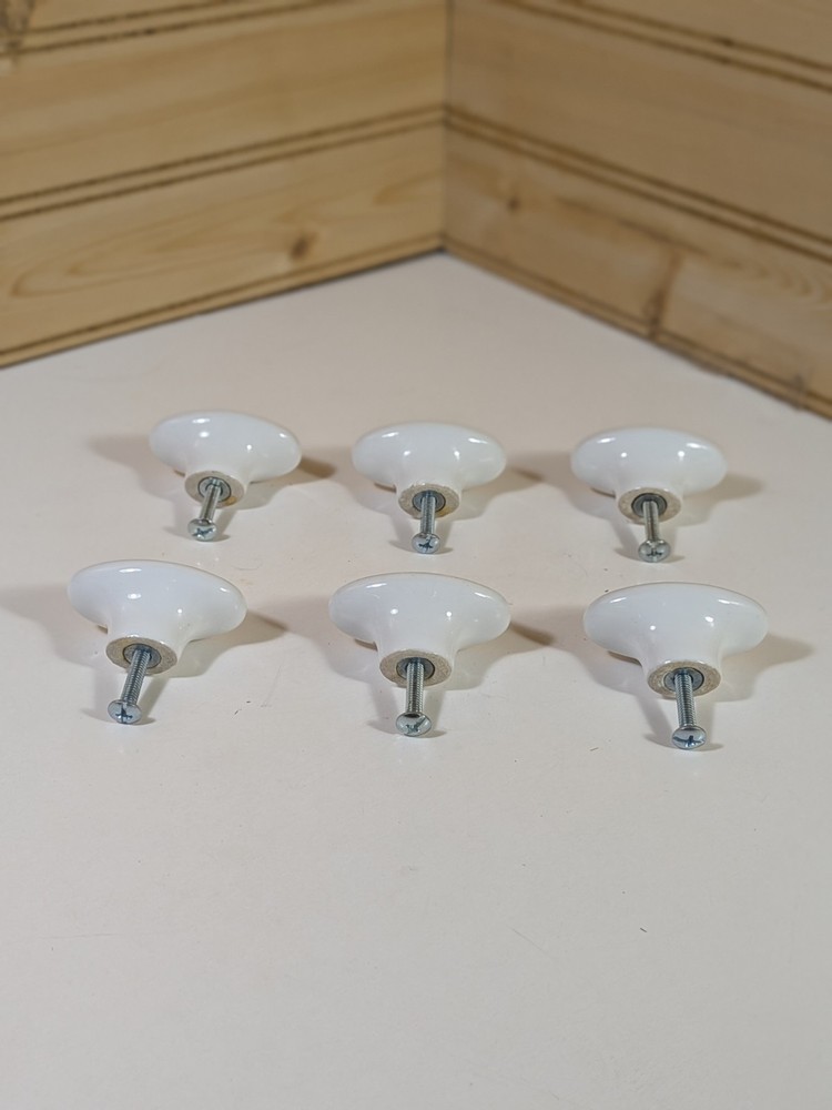 Porcelain Cabinet Door Pull Knobs Lot 6. Oval White 1.75"X 1"
