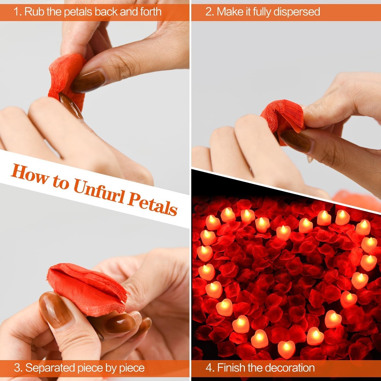 1000/2000pcs Artificial Rose Petals with LED Tea Lights Kit for Special and Rom