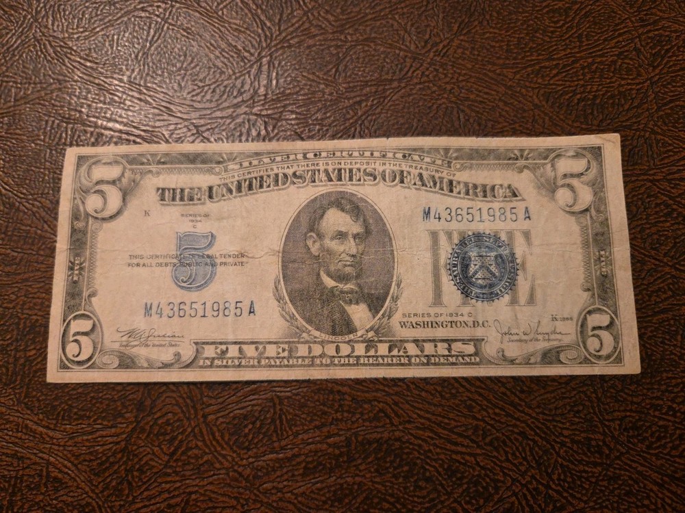 1934 Five Dollar Blue Seal Note Silver Certificate Old US Bill $5 Bill.