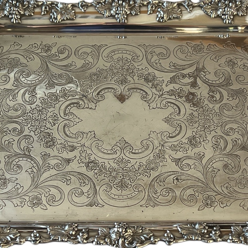 Large Silver Plate Waiters Serving Tray Rectangular Grape Motif 17x28.5