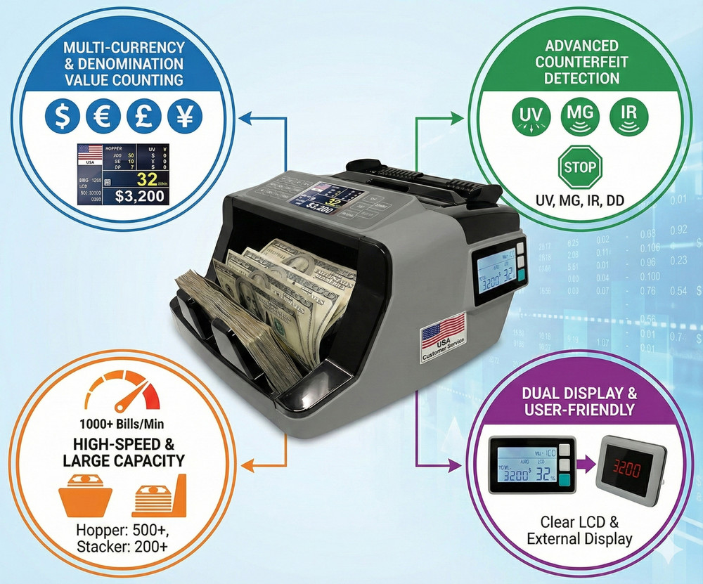 Professional High-Speed Digital Bill Counter & Multi-Layer Counterfeit Detector