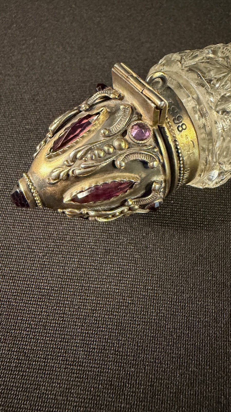 Rare Victorian Sterling with Faceted Amethyst Stones & Cut Cyrstal Scent Bottle