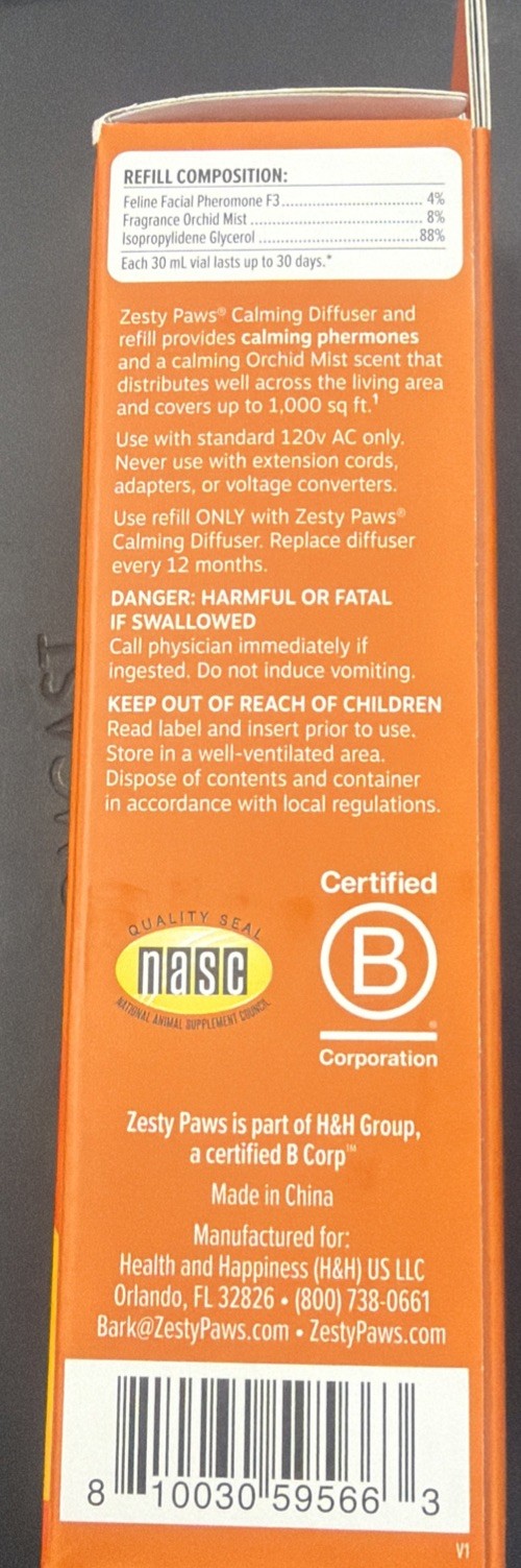 Zesty Paws Calming Diffuser for Cats – Orchid Mist Scent – 30 Day Plug-In