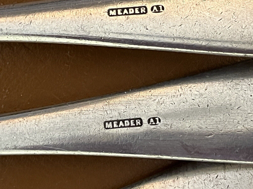 4 Meader antique silver plated 8 1/8” Tablespoons, English pattern
