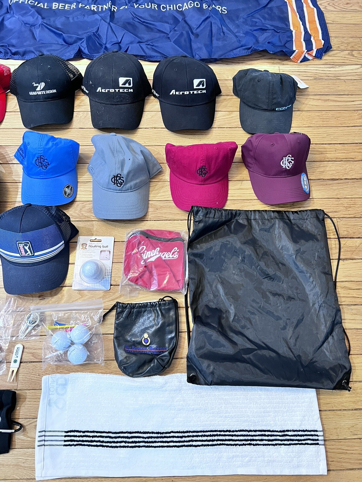 *Lot Of Golf Accessories, FJ Rain Pullover, Hats, Backpacks, Shoe Bag Towels Etc