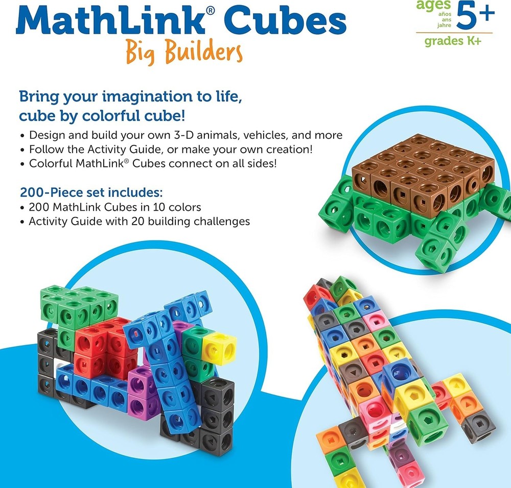 Learning Resources MathLink Cubes Big Builders - Set Of 200 Cubes, Ages 5+, Math