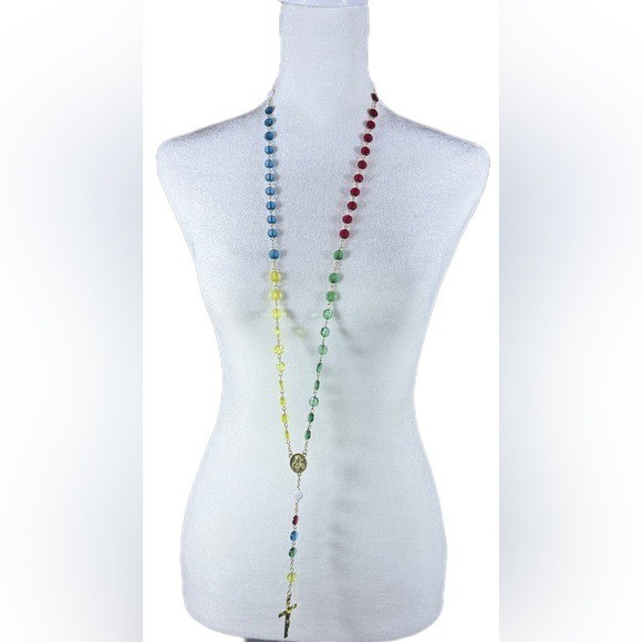 Catholic World Mission Long Rosary Multicolor Prayer Beads Crucifix Necklace