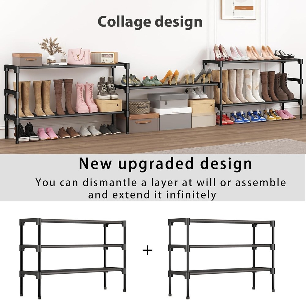 Long Shoe Rack - 3 Tier Shoe Organizer for Closet, Entryway, Garage - Stackable