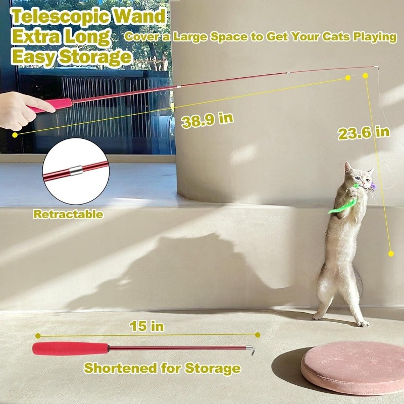 Interactive Cat Toys Retractable Wand Toy and Feather Toy Refills for Indoor Cat