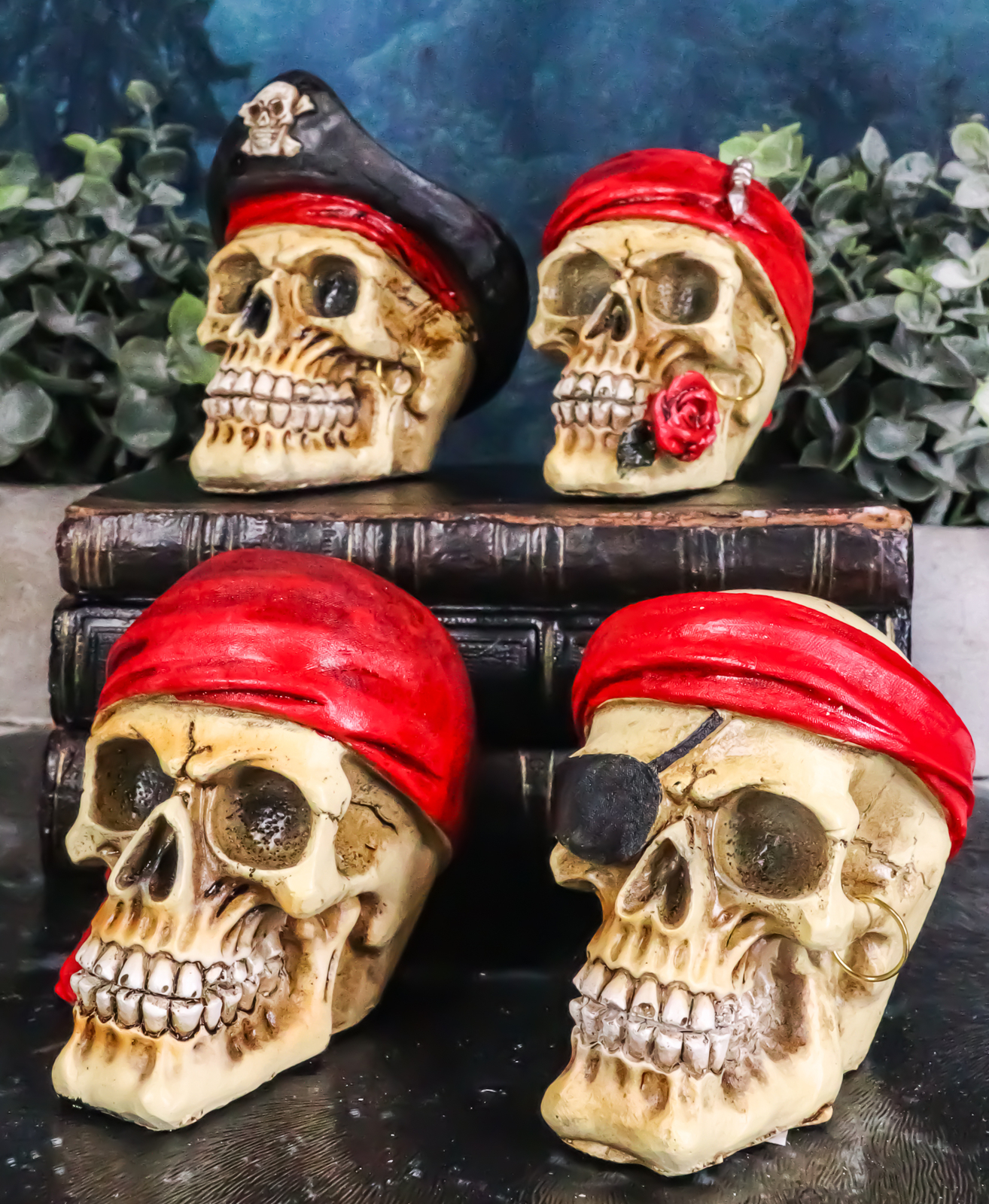 Ebros Set of 4 Skeleton Pirate Captain Marauders Caribbean Sea Skulls Figurine