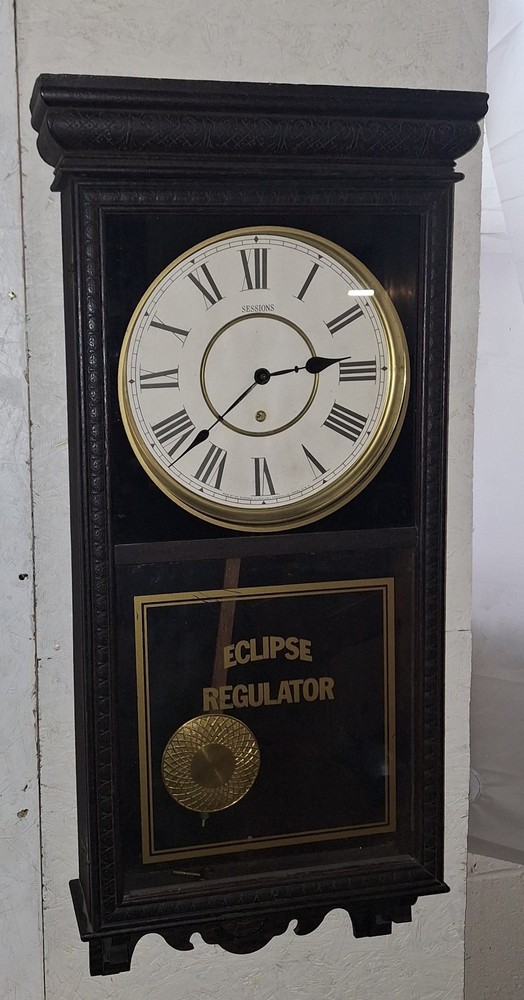 ANTIQUE SESSIONS SHOP REGULATOR "ECLIPSE" WALL CLOCK PENDULUM & KEY WORKING