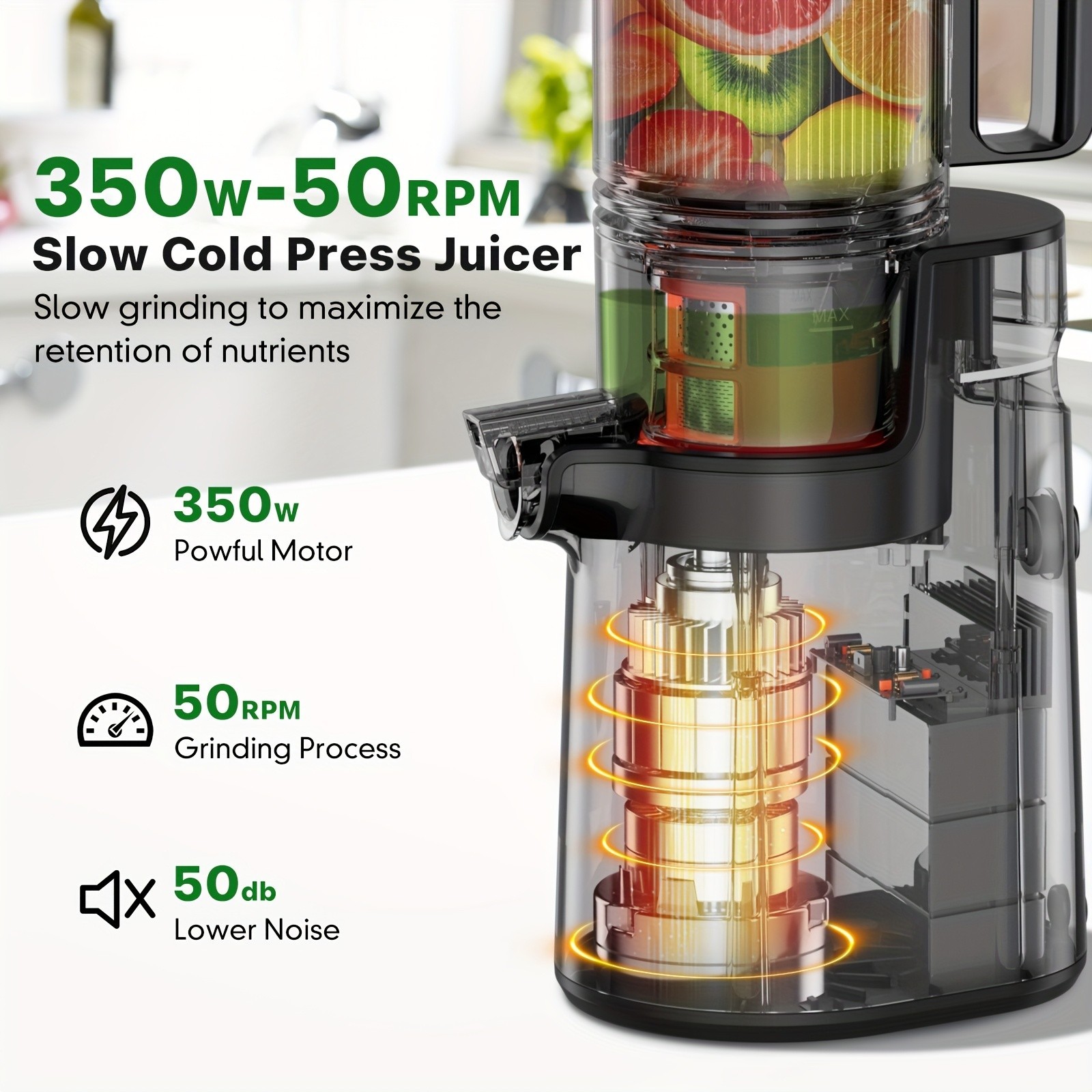 Cold Press Masticating Juicer 350W Slow Juicer Wide Feed Chute High Juice Yield
