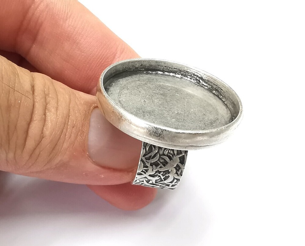 Round Antique Silver Ring Blank Setting, Cabochon Mounting Adjustable Resin Ring