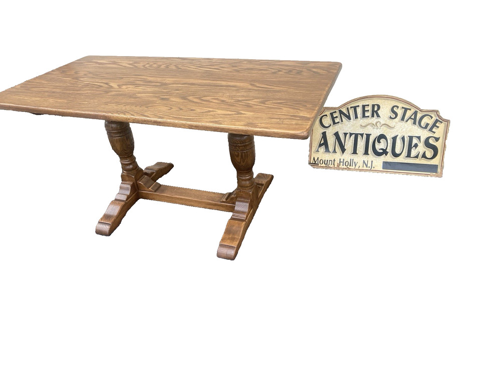 66523   Solid Oak Double Pedestal Trestle  Dining Table
