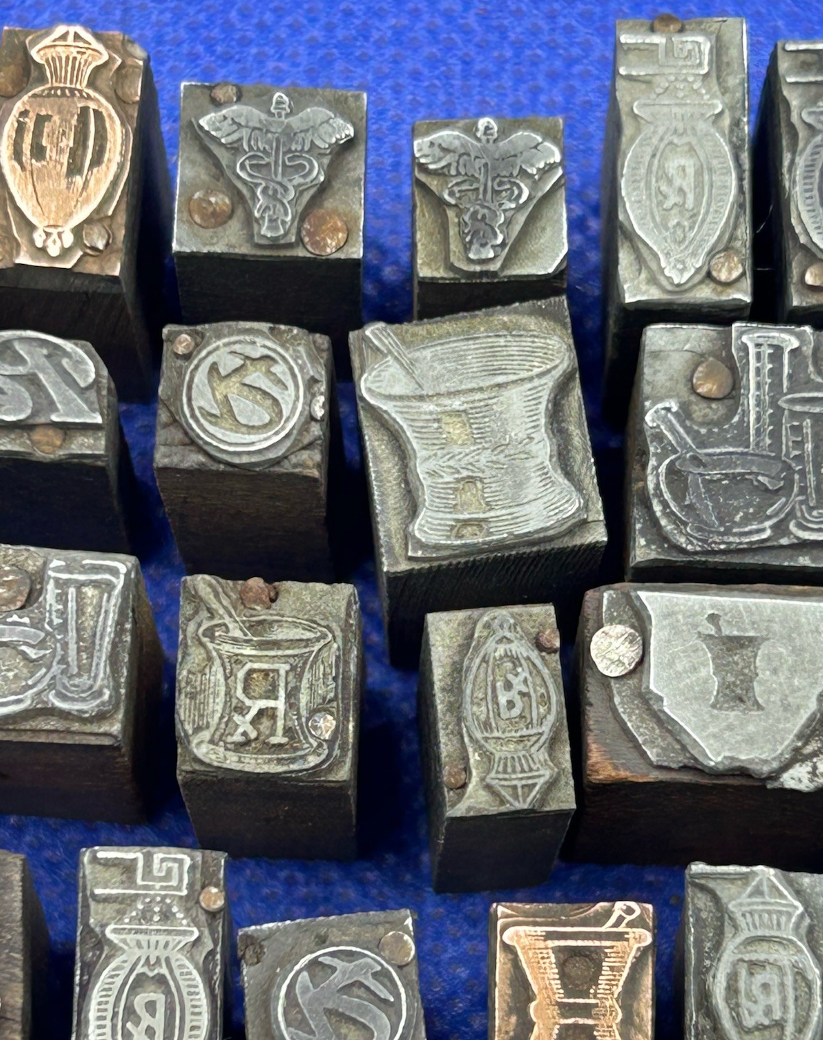 Antique Figural Pharmacy Stamping Dies Pharmacist Log Stamps - LOT OF 30