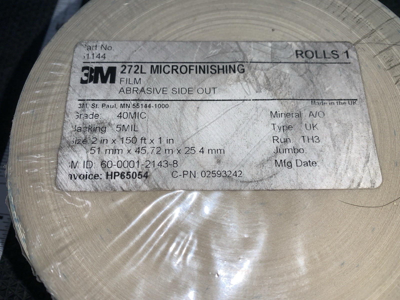3M Abrasive Tape 2" x 150' 272L Microfinishing Film Roll 40 MIC 5mil 55144-1000