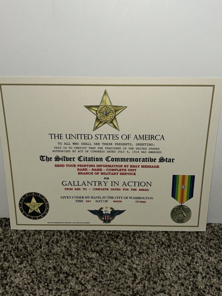WW1 - SILVER CITATION COMMEMORATIVE CERTIFICATE ~ CUSTOM PRINTING T-1