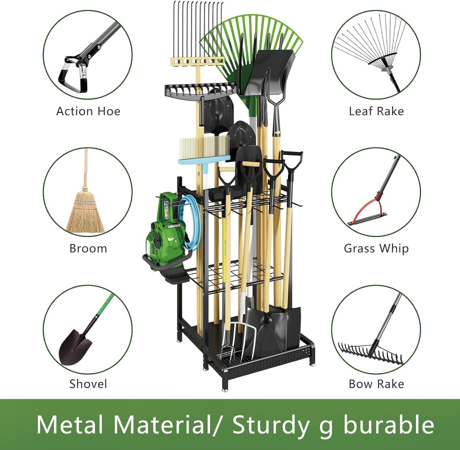 Garden Tool Organizer Garage Utility Storage Racks W/Hooks Metal Yard Tool Stand