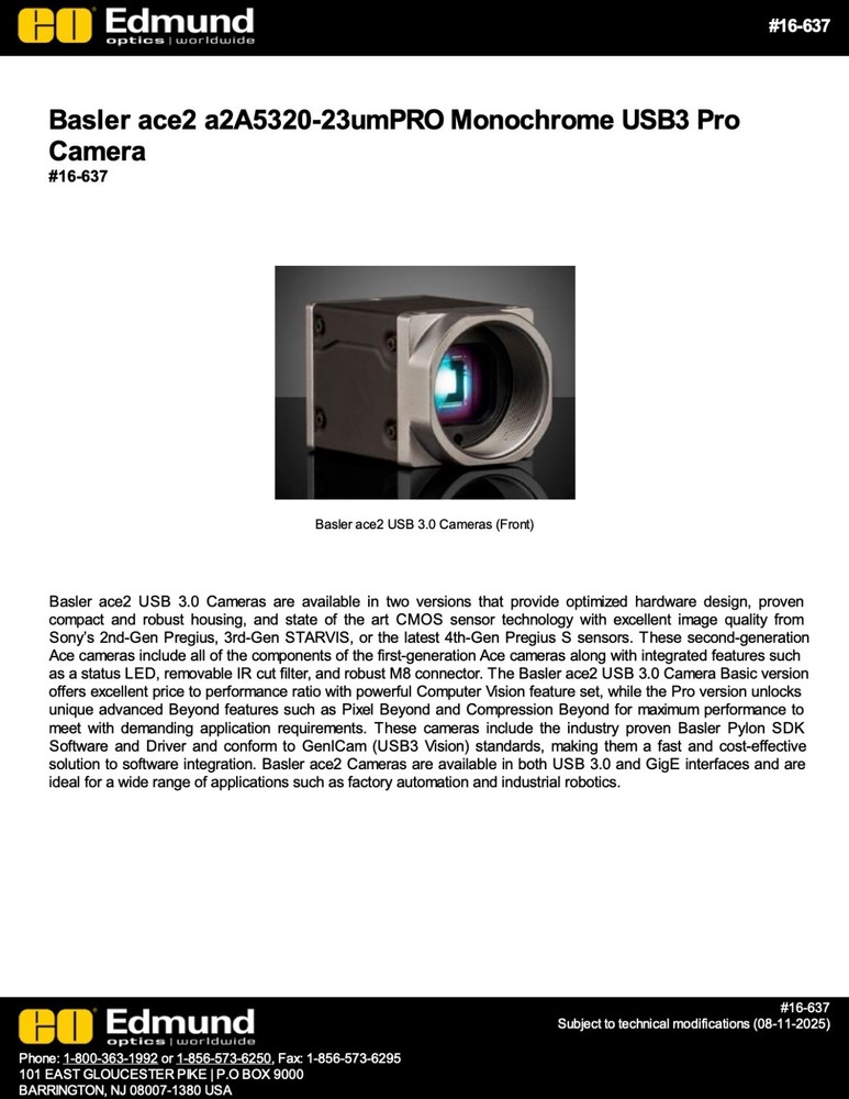 Basler ace2 a2A5320-23umBAS Monochrome USB3 Basic Camera with SONY Pregius S