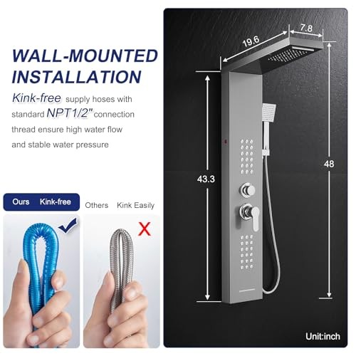 LED Shower Panel Tower System, Rainfall Waterfall 5 Modes-Brushed-2 Jets